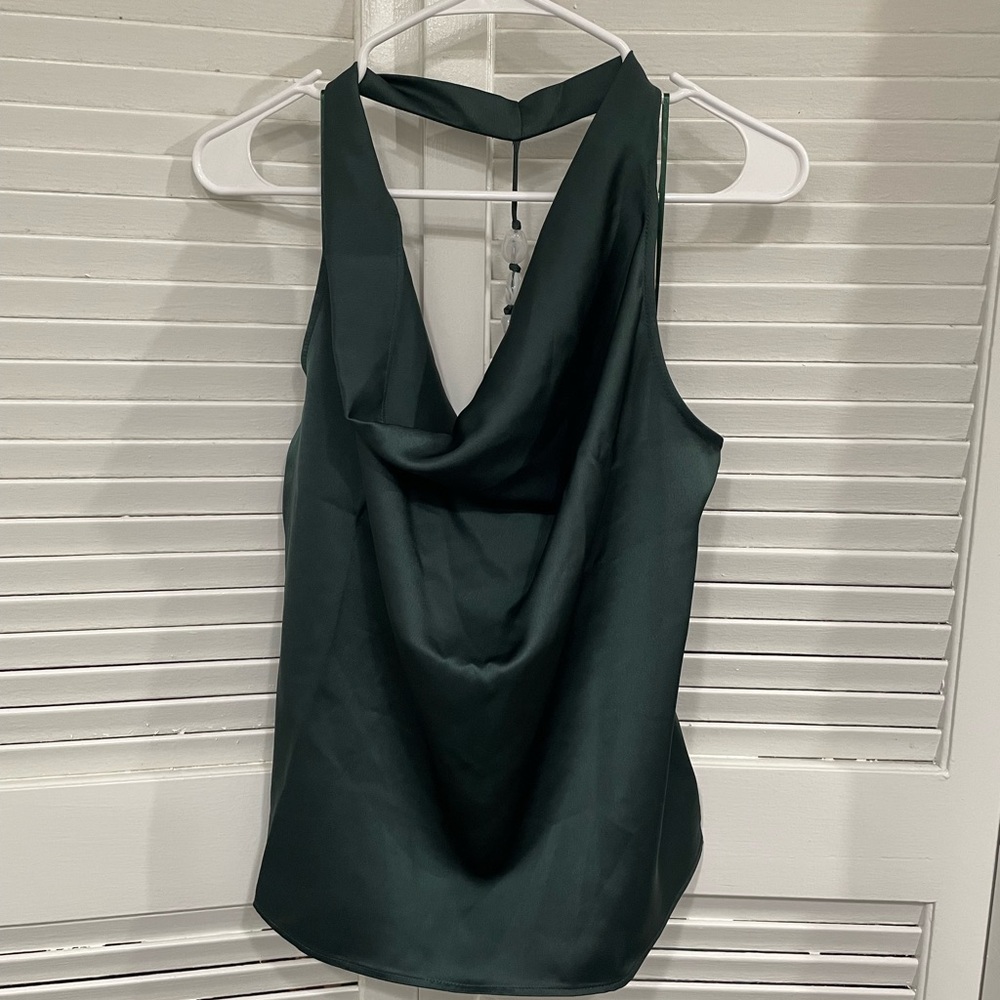 NWT Adrienne Landau Deep Forest Green Draped Halter Tank Top size large
